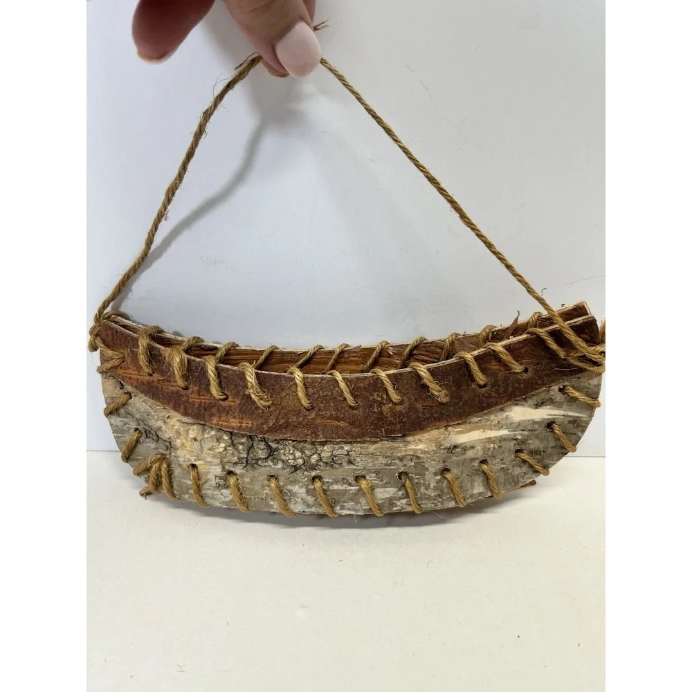 Vintage Rustic Toy Birch Bark Canoe 8" Long Hand Made - Picture 4 of 11